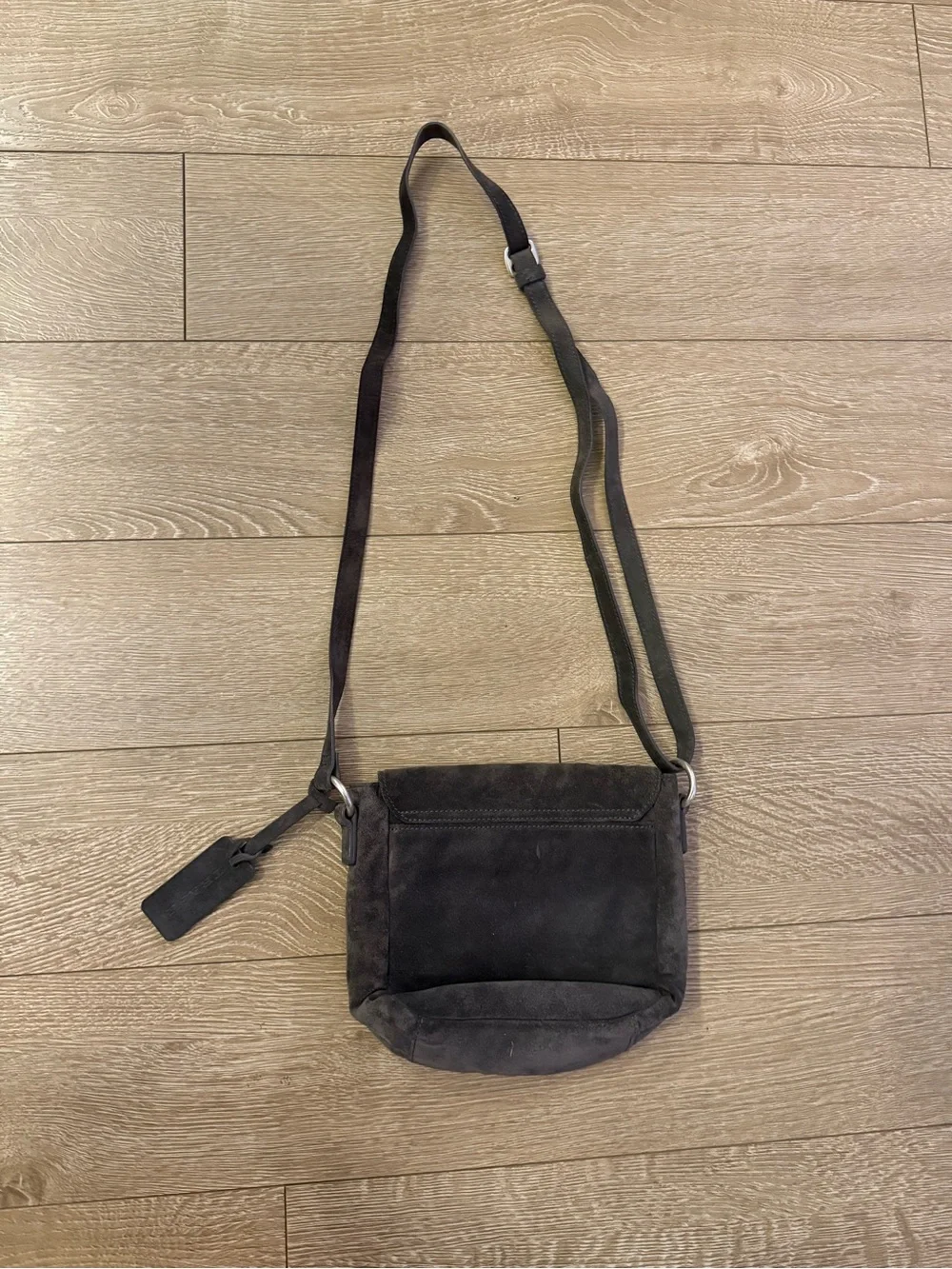 Trask Gray Suede & Leather O-Ring Flap Crossbody Bag